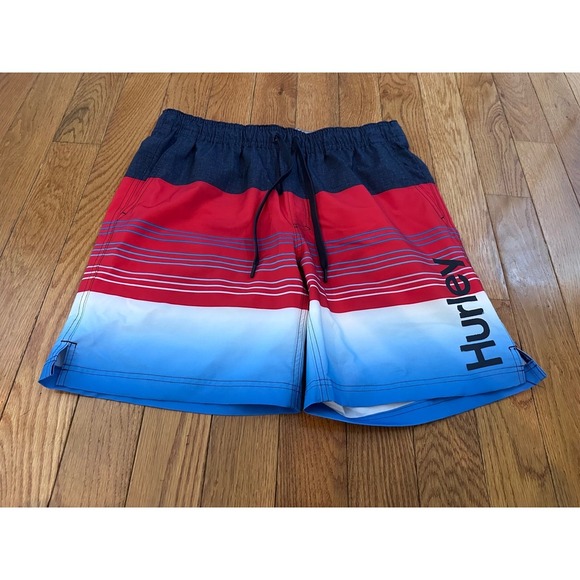 Men's Hurley Swim Trunks Striped Red White Blue Drawstring  size XL - Picture 1 of 8